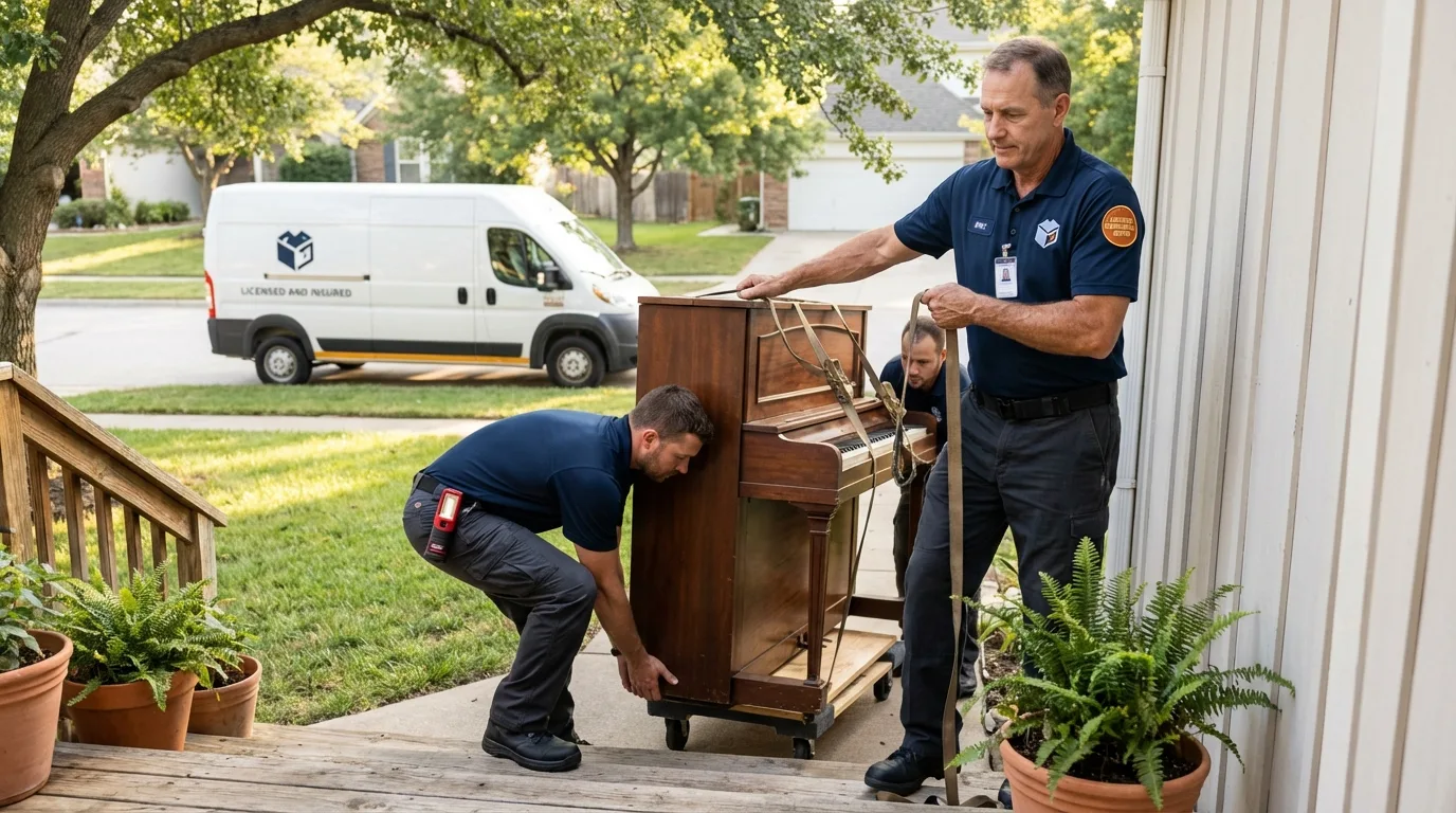 Licensed piano movers securing grand piano in Pinconning, MI