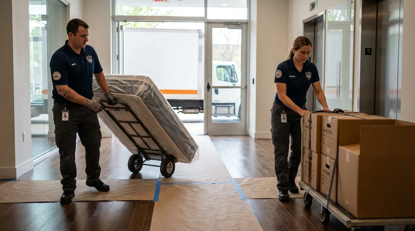 Professional apartment movers loading elevator in Pinconning, MI