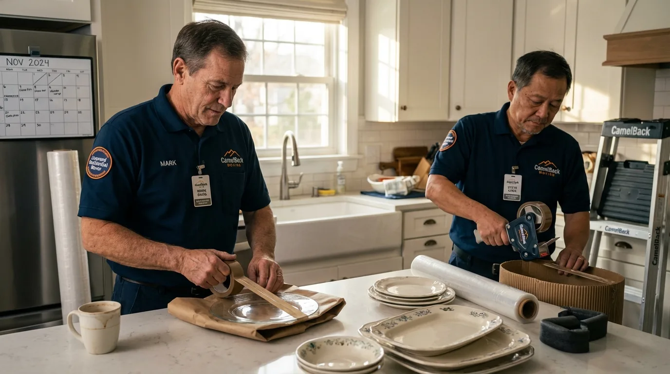 Professional crew packing kitchen dishware in Pinconning, MI